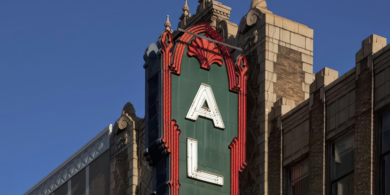 The neon marquee of the Alabama Theatre on Third Avenue North in downtown Birmingham