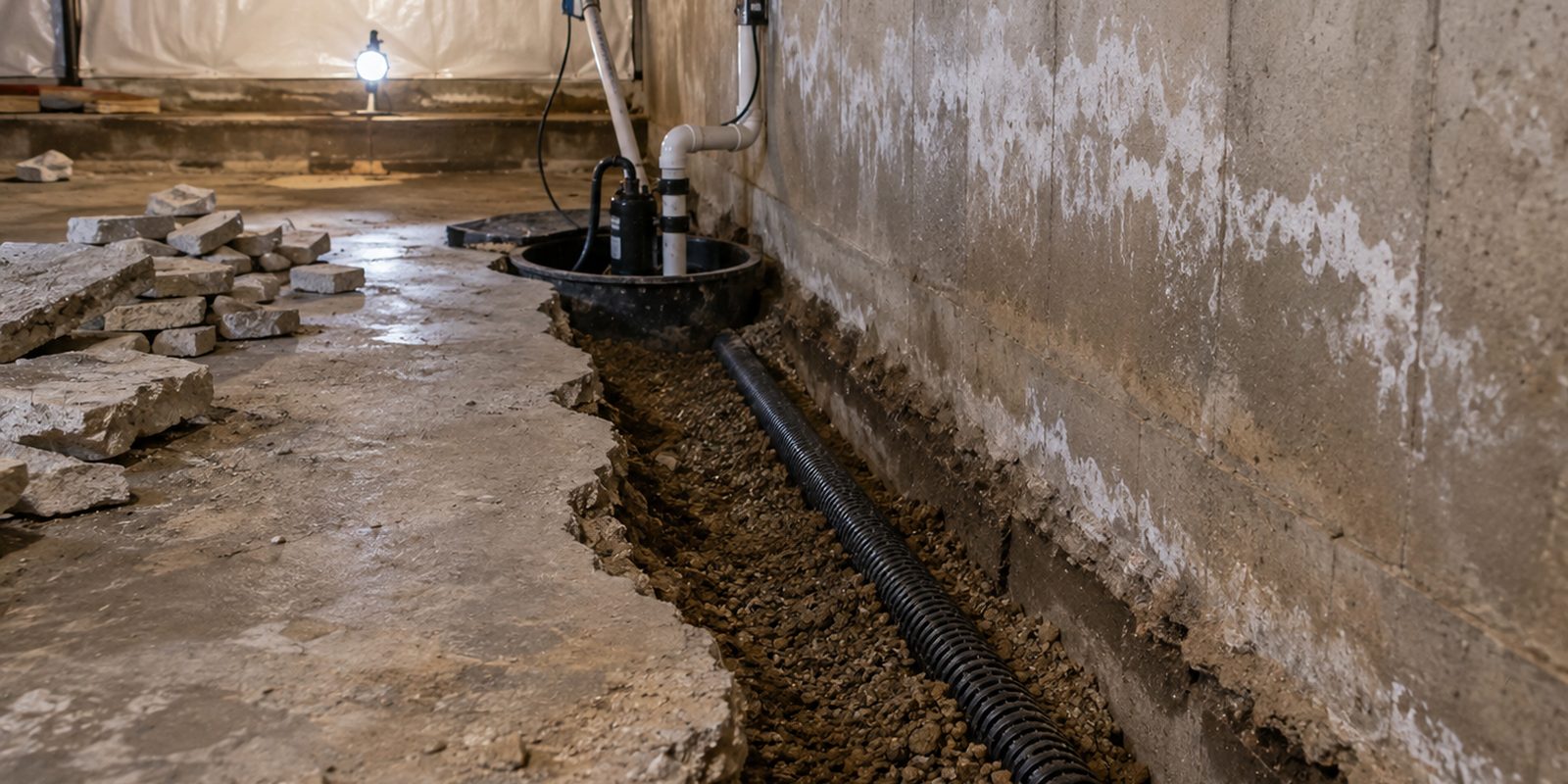 Interior perimeter drain and sump pump being installed in a Birmingham basement