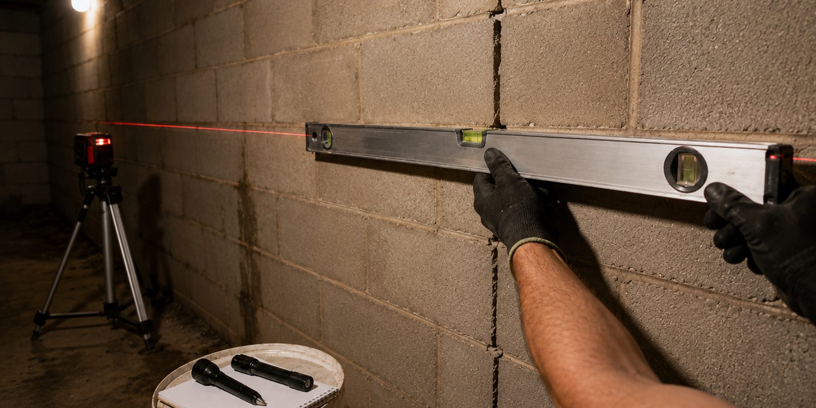 Level and laser being used to measure movement in a cracked foundation wall in Birmingham