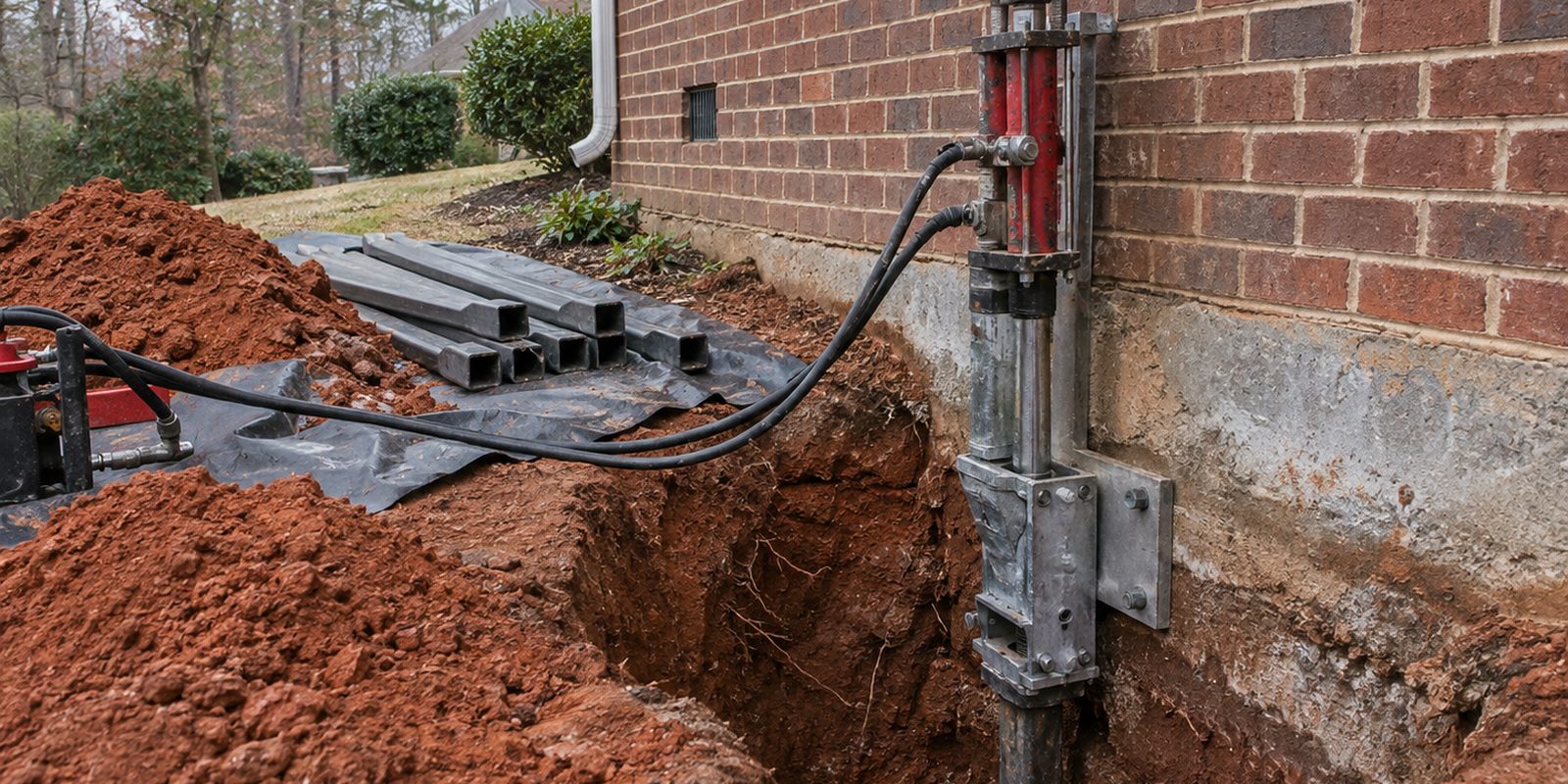 Steel push pier bracket and hydraulic ram installed against a house footing in Birmingham, Alabama